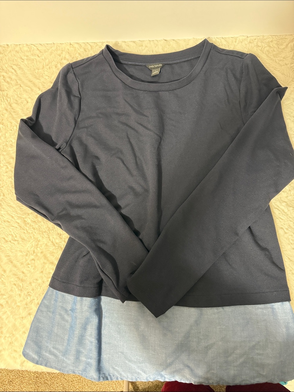 Ann Taylor Navy Long Sleeve Top with Light Chambray-Look Hem